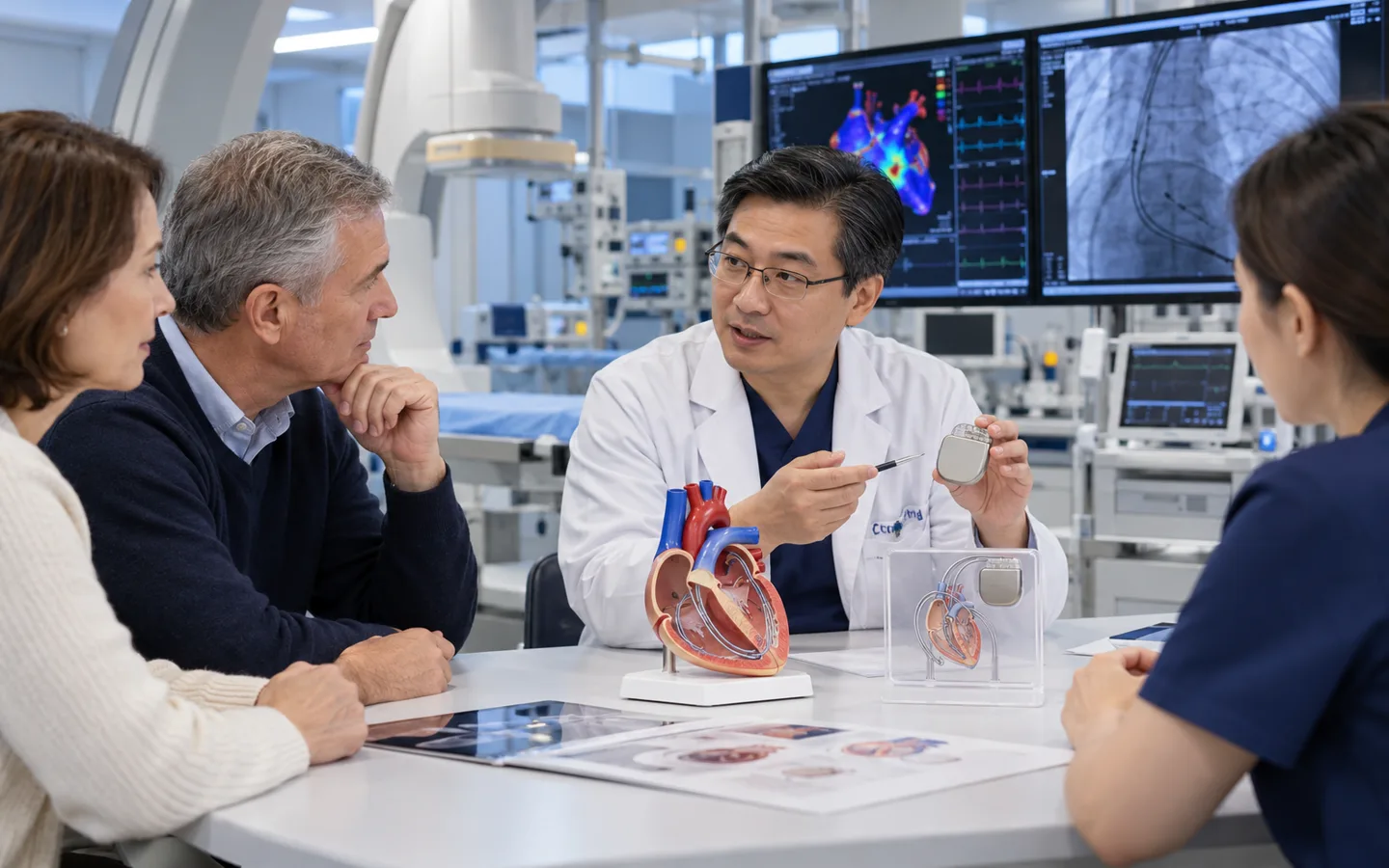 Chinese heart failure and device specialist explaining ICD and CRT choices to an international patient