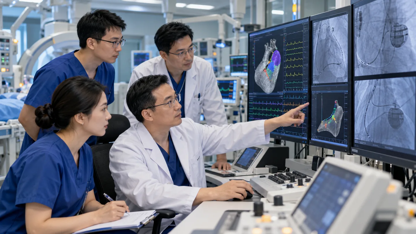 Chinese electrophysiology team planning ventricular lead placement and defibrillator programming