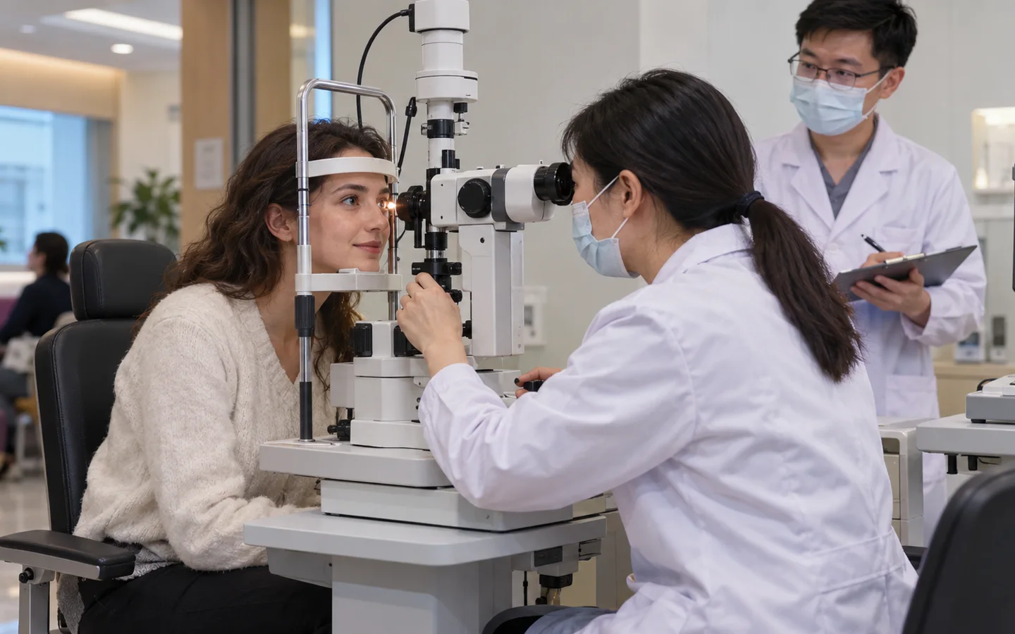 International adult patient receiving eye pressure vault and visual acuity checks after ICL implantation