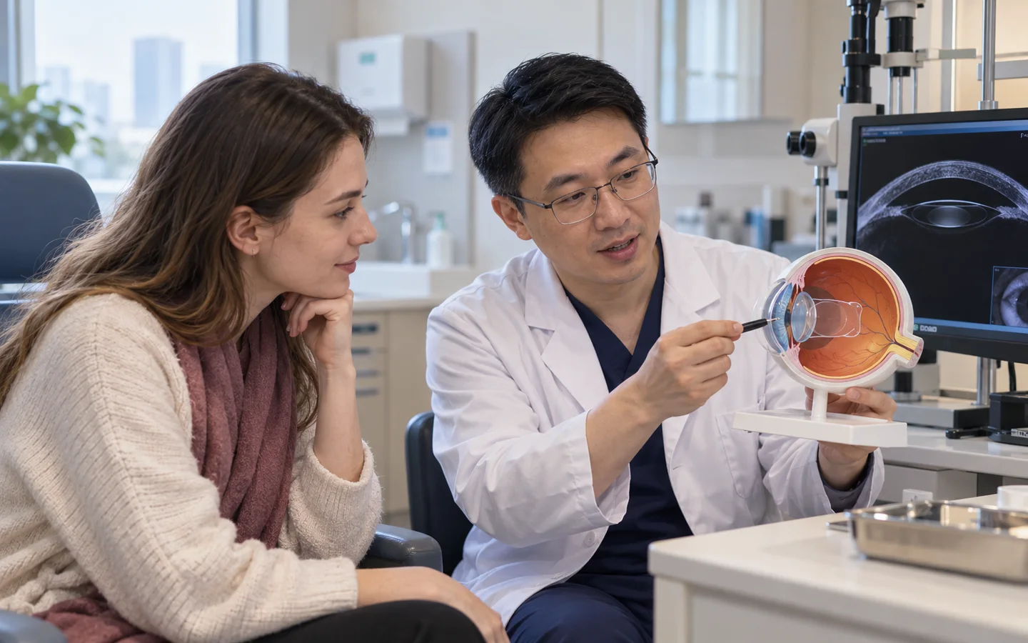 Chinese refractive eye surgeon explaining implantable collamer lens position to an international adult patient with an eye model