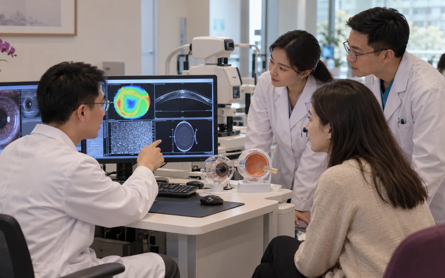 Chinese refractive surgery team reviewing chamber depth corneal tomography endothelial count and lens sizing