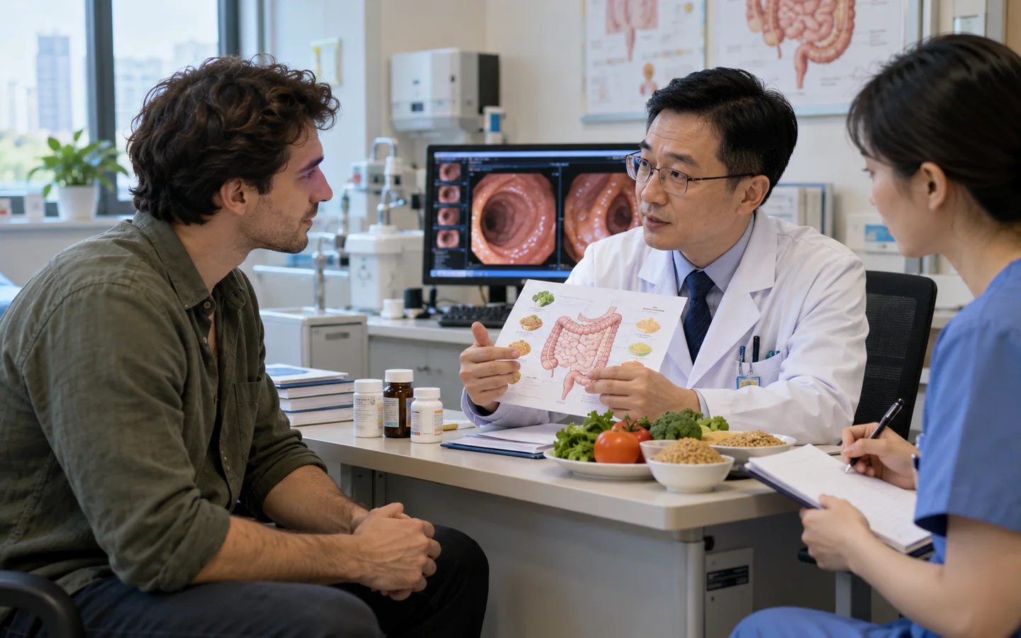 International patient discussing remission monitoring nutrition and medicine safety at IBD follow up