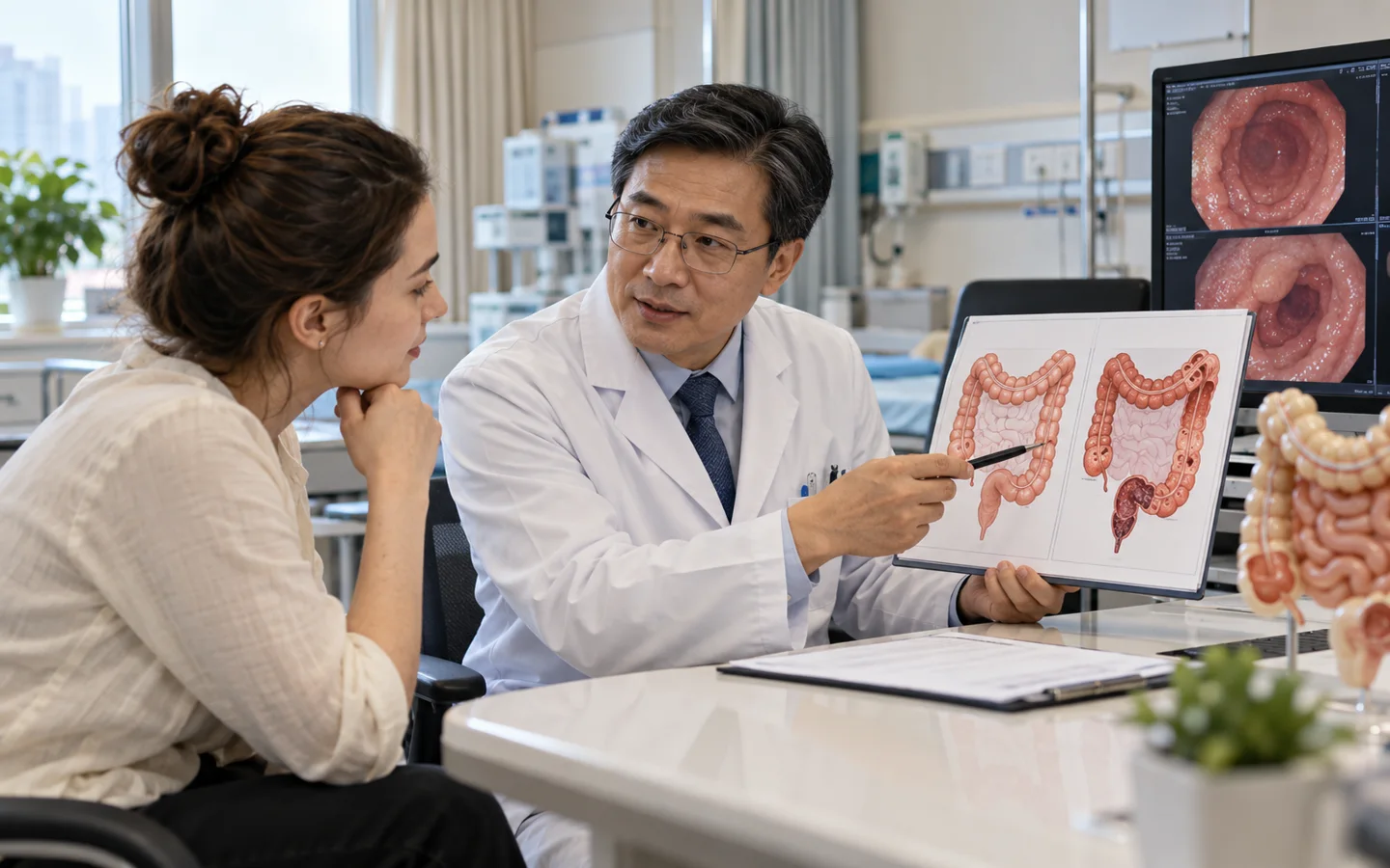 Chinese IBD specialist explaining Crohn disease and ulcerative colitis differences to an international patient