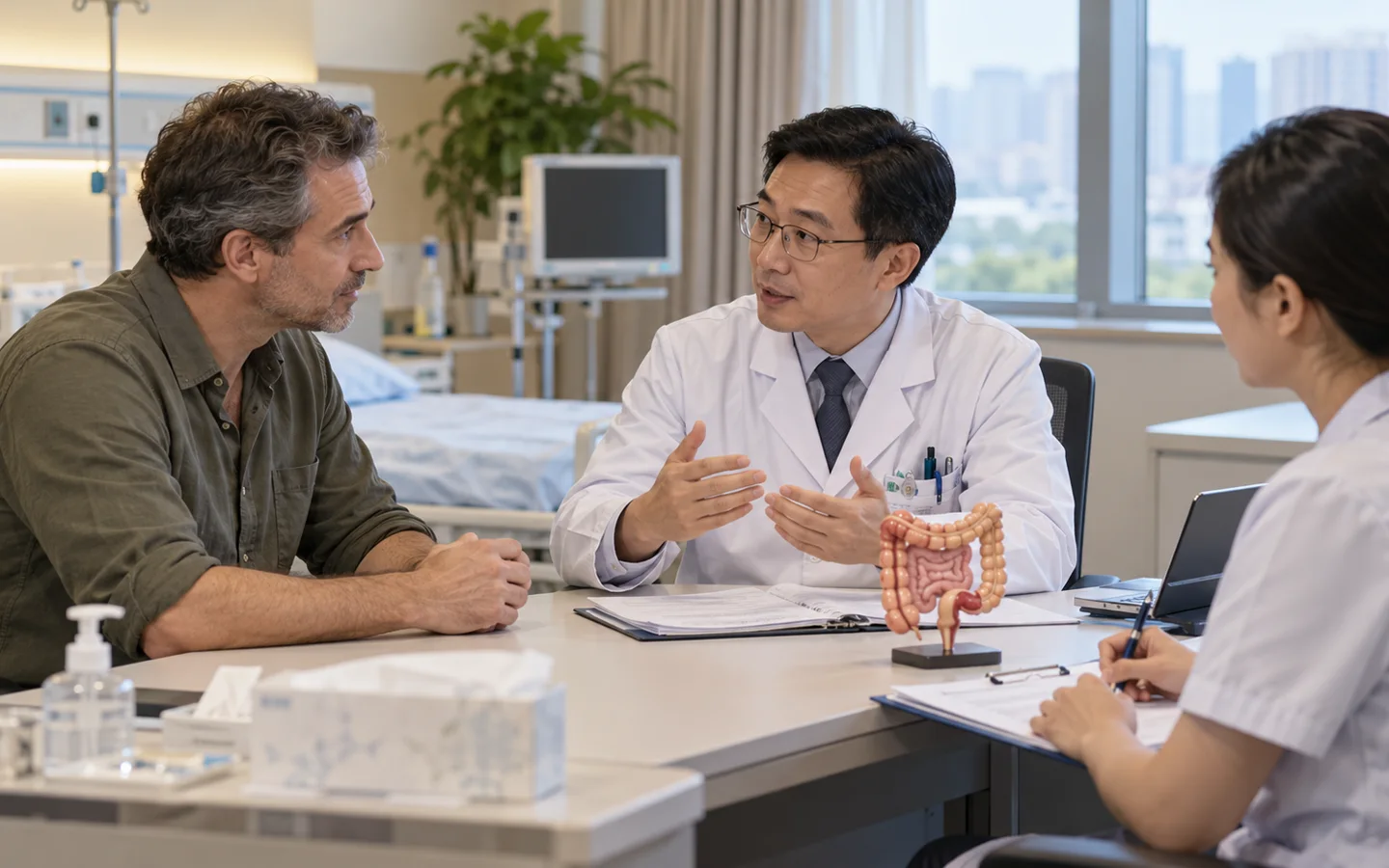 International patient discussing recurrence symptoms infection precautions and follow up after microbiota therapy
