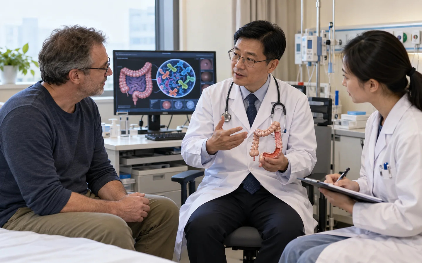 Chinese gastroenterologist explaining regulated microbiota therapy and recurrent C difficile to an international patient