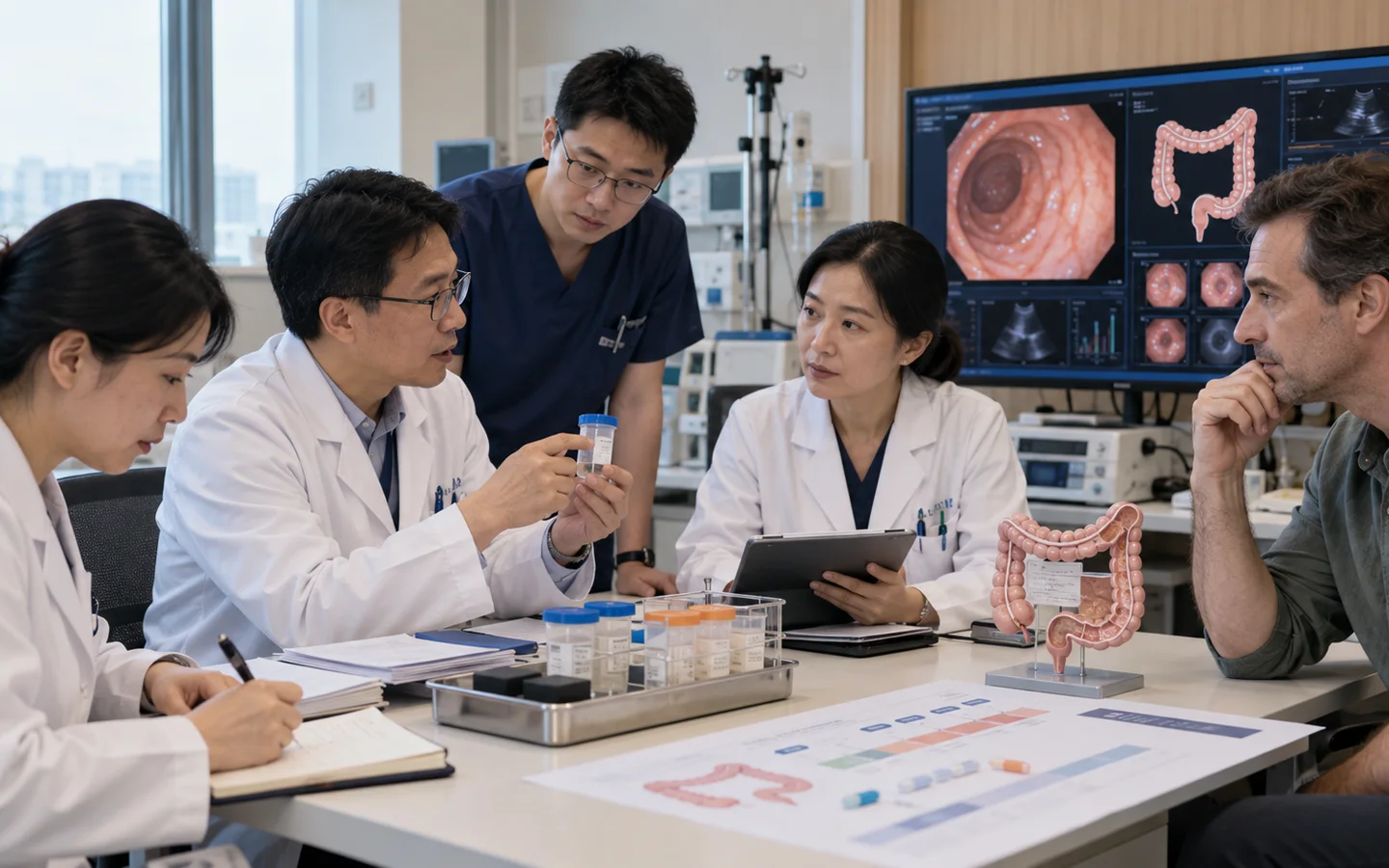 Chinese microbiology and gastroenterology team reviewing donor screening product traceability and antibiotic timing