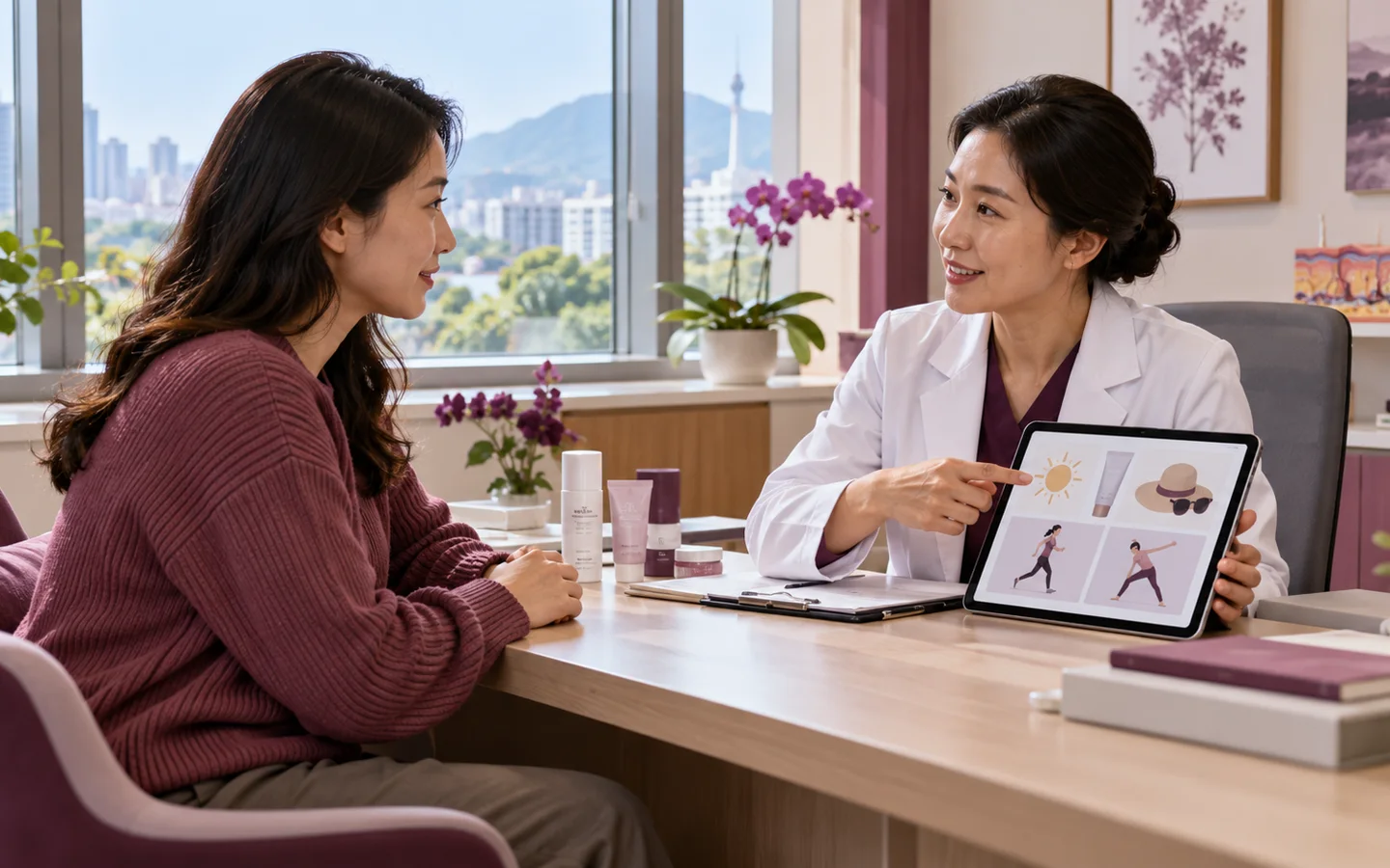 Fully clothed international patient completing skin healing sun protection pigment and scar review after laser or reconstruction with a Chinese rehabilitation clinician