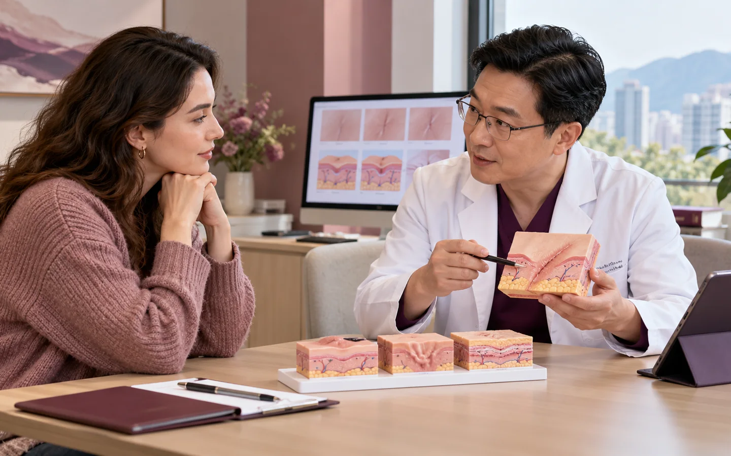 Chinese plastic and reconstructive surgeon explaining skin layers laser targets and reconstructive options using a skin model to a fully clothed international patient