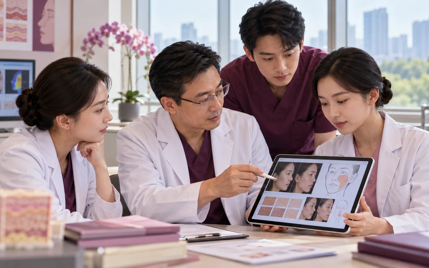 Chinese reconstructive team reviewing standardized photographs skin type scar depth pigment vascular targets and device parameters