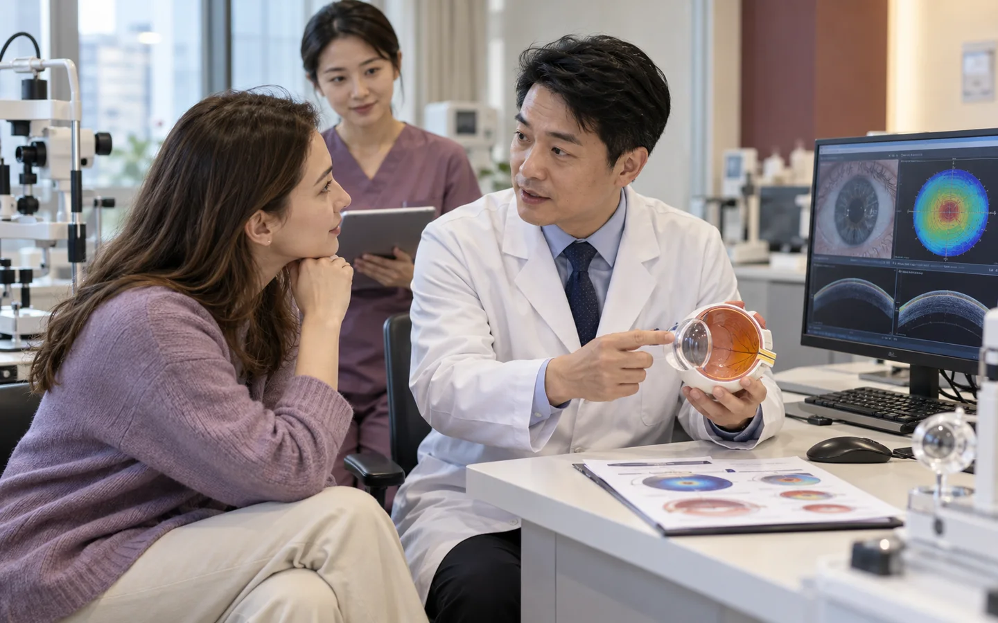 Chinese refractive surgeon explaining LASIK and surface laser choices to an international adult patient