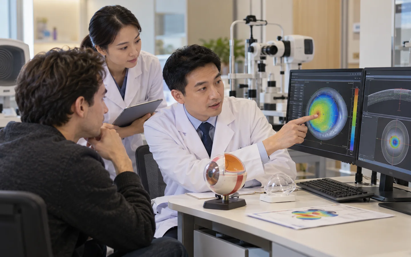 Chinese refractive team reviewing corneal tomography thickness dry eye tests and treatment zone planning