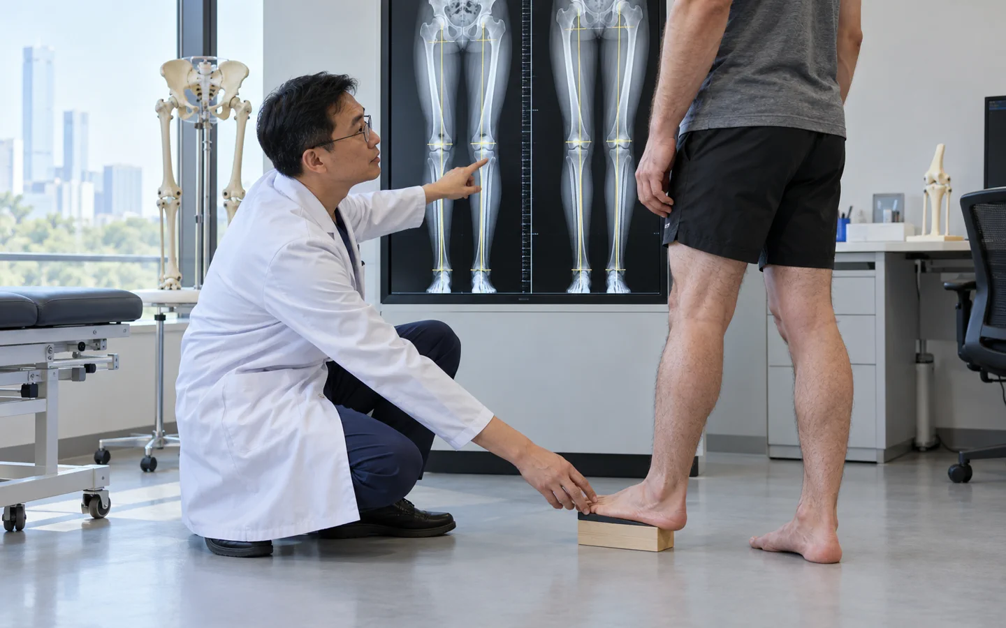 Chinese limb reconstruction surgeon assessing standing long-leg alignment and leg-length difference with an international patient
