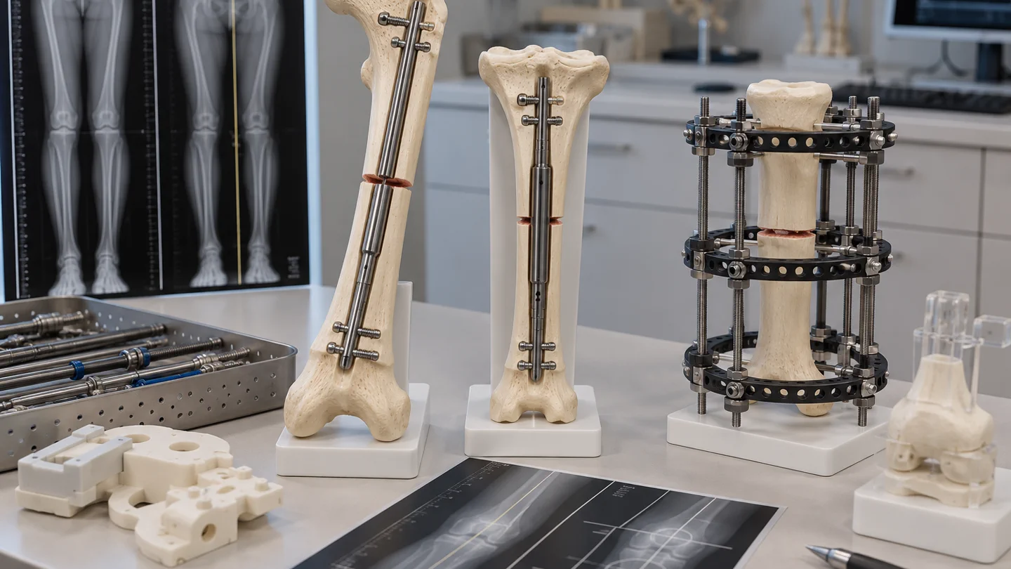 Femur and tibia models showing osteotomy, motorised lengthening nail and external circular frame beside alignment X-rays