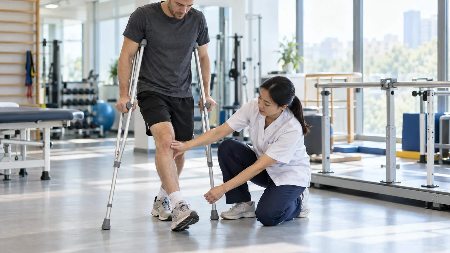 International patient practising protected gait and joint motion with a Chinese physiotherapist during limb lengthening
