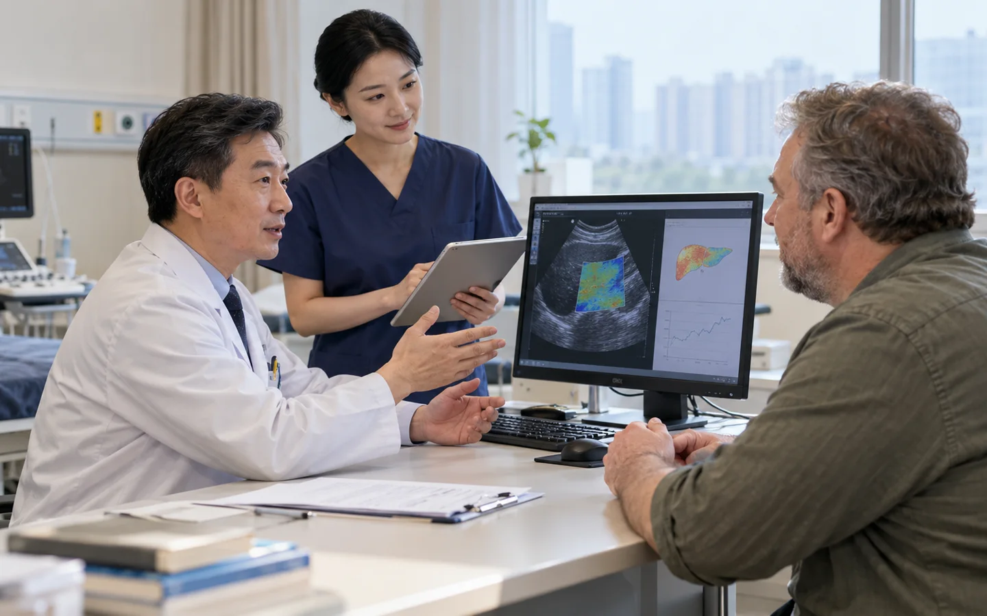 International patient discussing weight cause treatment and repeat fibrosis monitoring at follow up