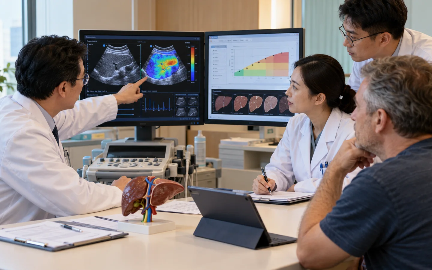 Chinese liver team reviewing elastography wave maps ultrasound blood scores and fibrosis risk