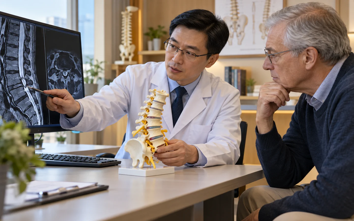 Chinese spine surgeon reviewing lumbar stenosis MRI and a lower spine model with an older international patient