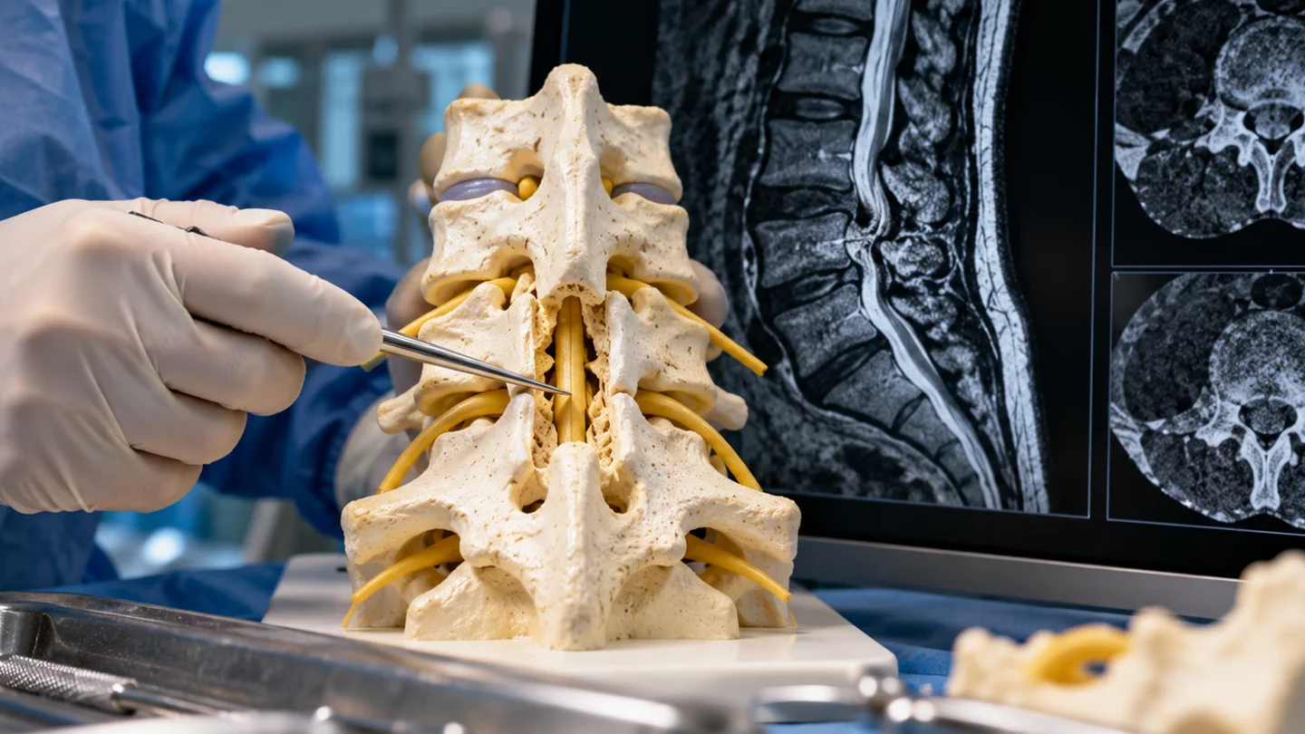 Lumbar spine model showing the lamina and nerve canal beside MRI and CT images of stenosis