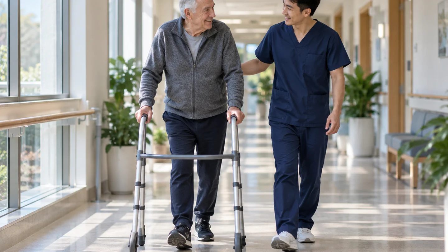 Older international patient increasing walking distance with a Chinese physiotherapist after lumbar decompression