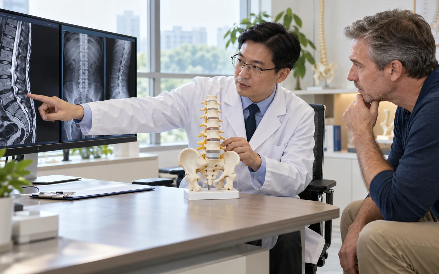 Chinese spine surgeon reviewing lumbar MRI and standing X-rays with an international patient and lumbar model