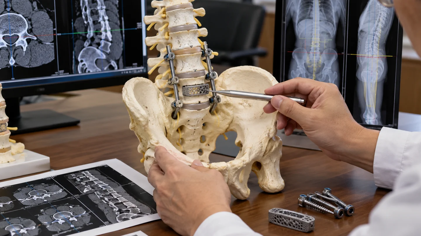 Lumbar spine and pelvis model with pedicle screws rods and cage beside CT and alignment images