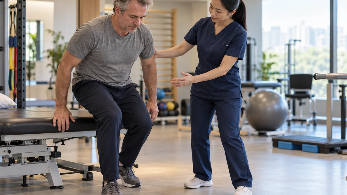 International patient practising sit-to-stand with a Chinese physiotherapist after lumbar fusion