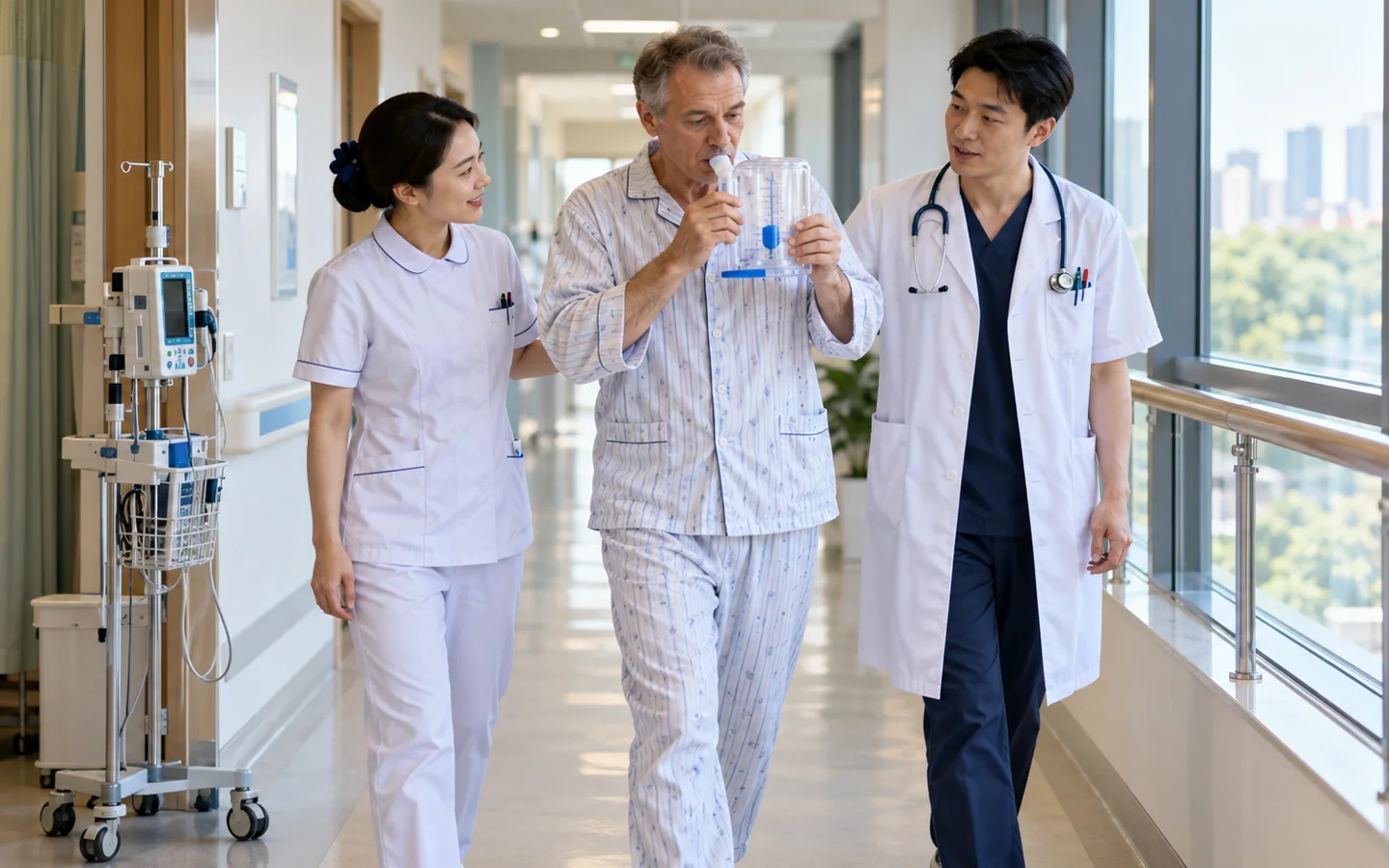 International patient performing incentive breathing and corridor walking after lung lobectomy