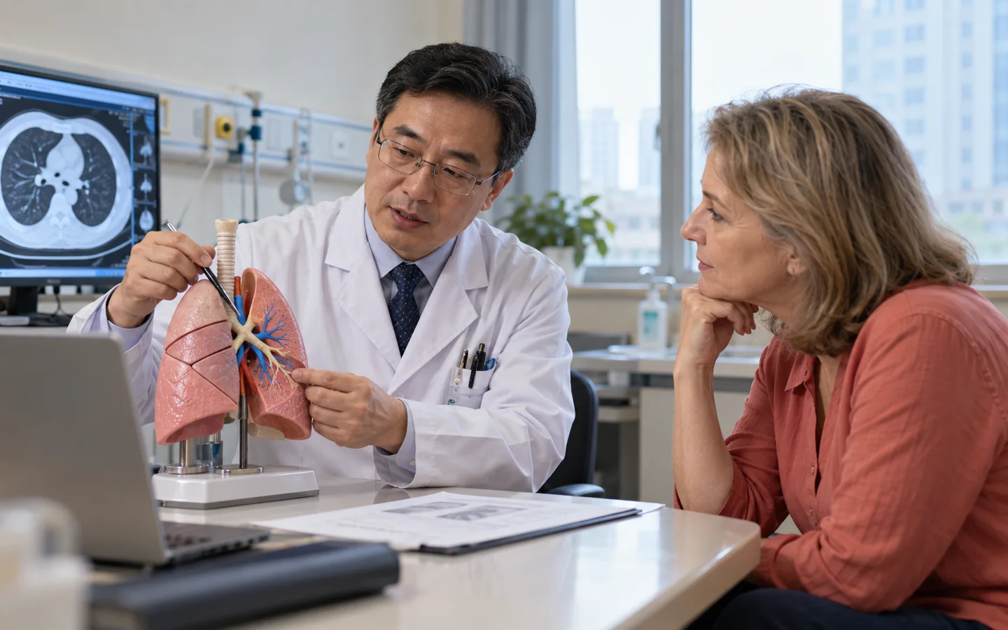 Chinese thoracic surgeon explaining lung lobectomy anatomy to an international patient with a lung model
