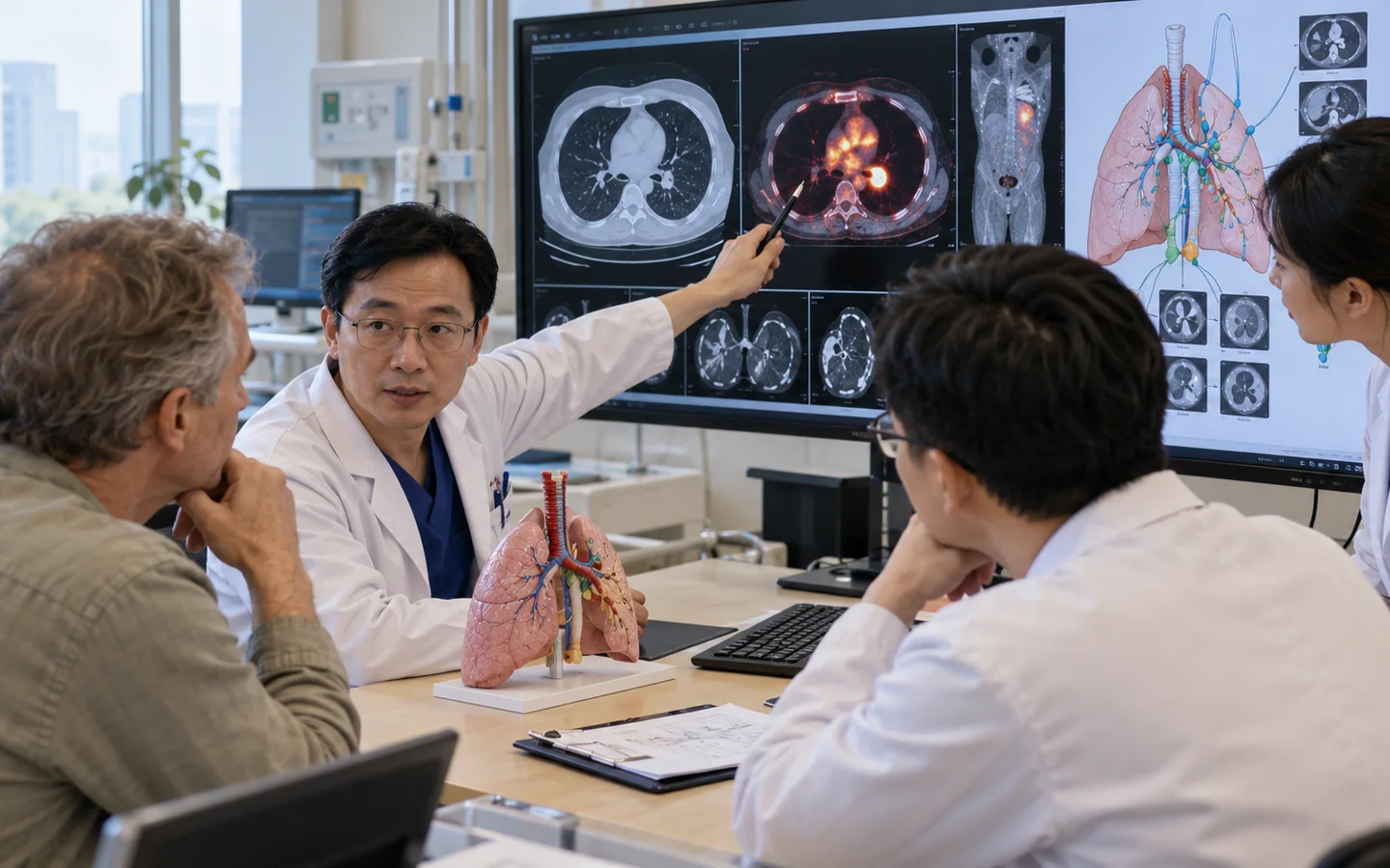 Chinese lung cancer team reviewing CT PET and lymph node stations before lobectomy