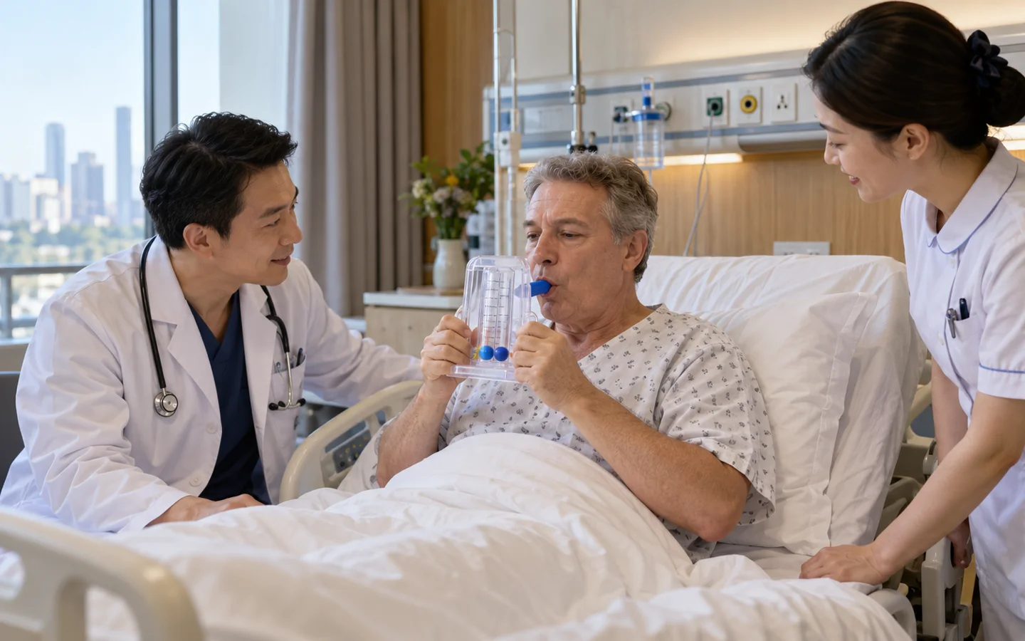 International patient completing breathing exercises after lung preserving segmentectomy