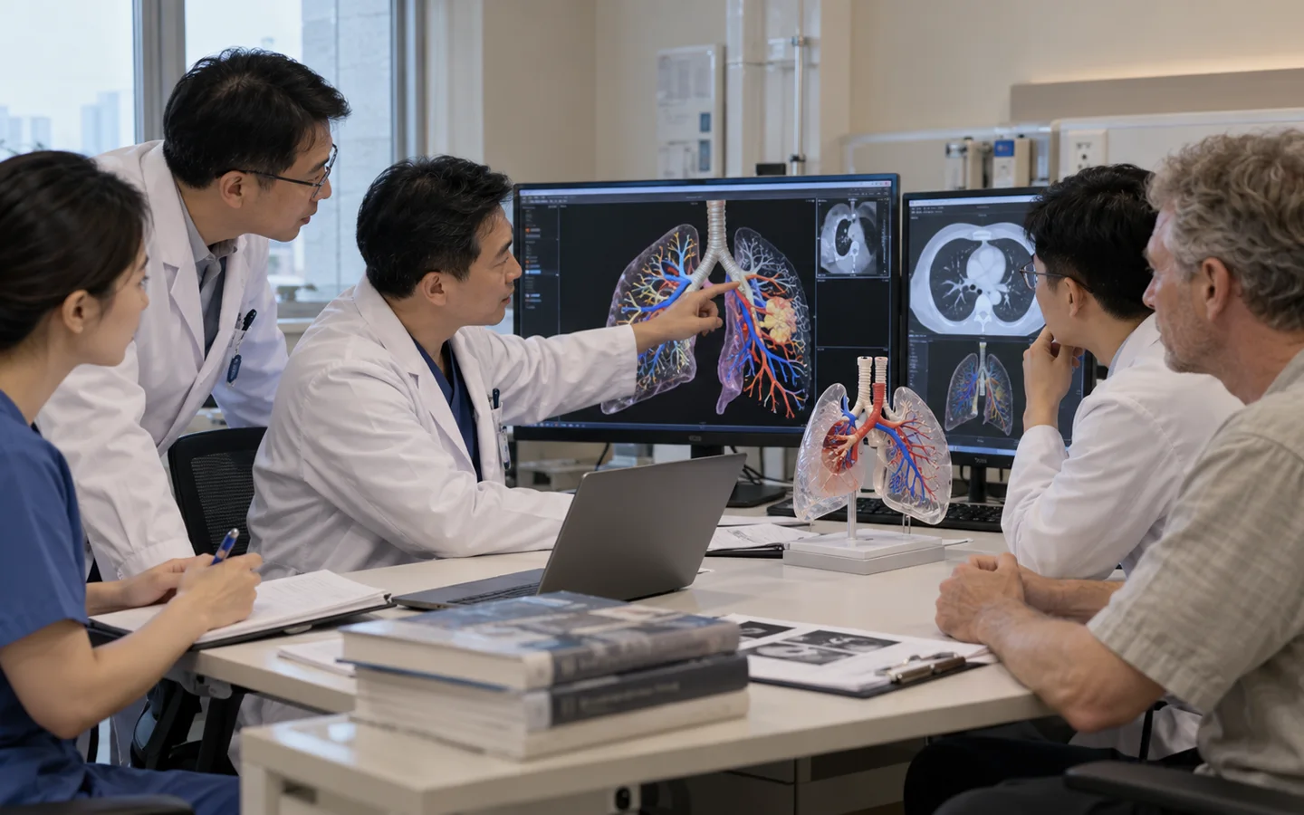 Chinese thoracic planning team reviewing three dimensional segmental vessels bronchi and tumor margins