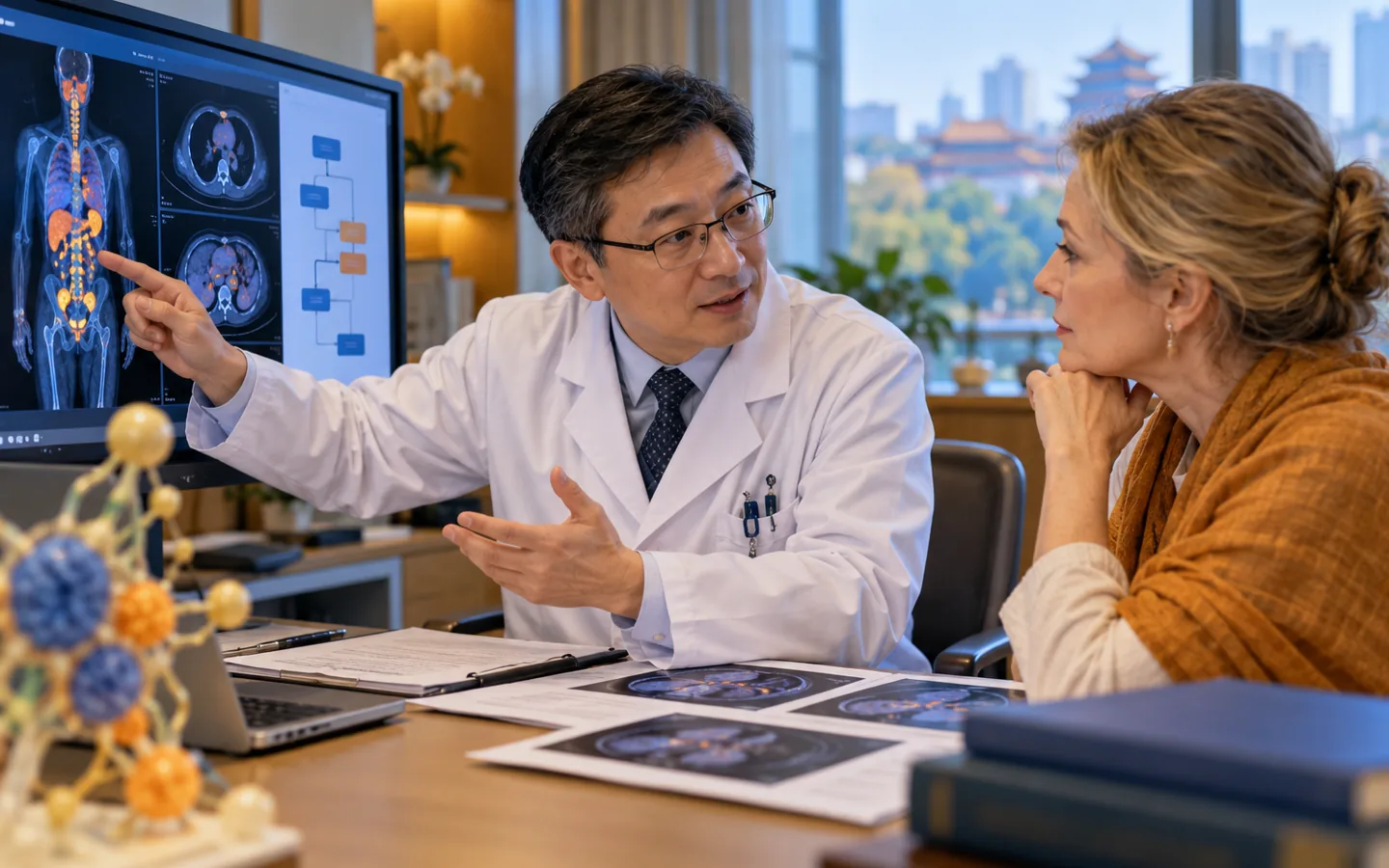 Chinese lymphoma specialist discussing subtype and treatment pathways with an international patient