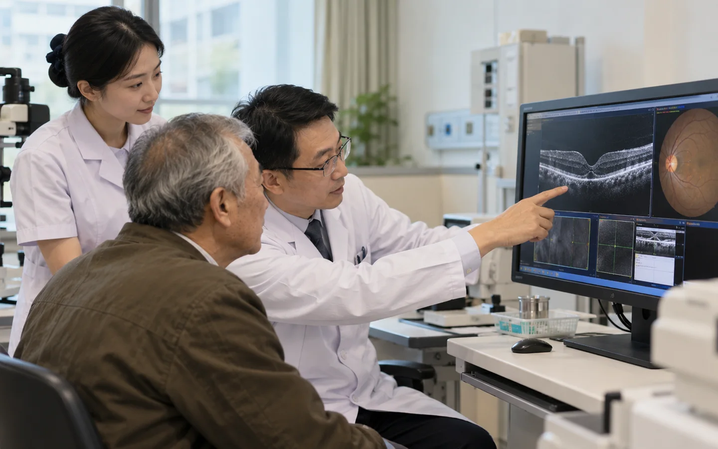 International older adult patient reviewing positioning visual distortion and OCT healing after macular surgery