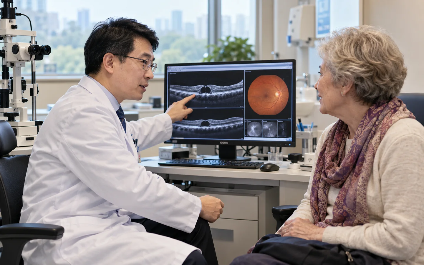 Chinese retina surgeon explaining macular hole and membrane surgery to an international older adult patient using OCT images
