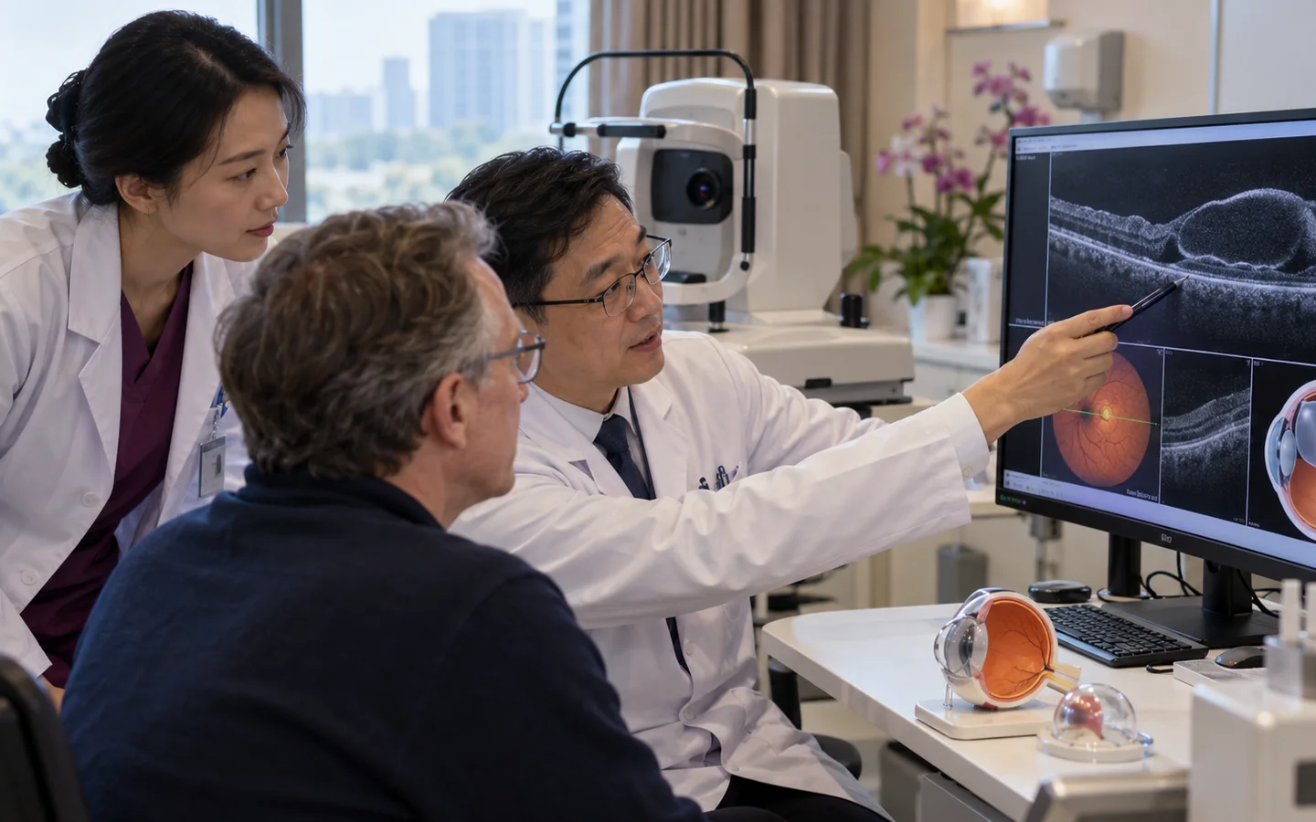Chinese vitreoretinal team reviewing high resolution macular OCT gas bubble and membrane peeling plan