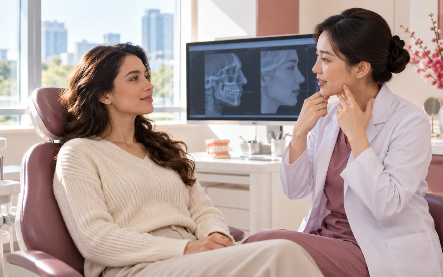 Fully clothed international patient completing jaw healing speech chewing dental rehabilitation and flap monitoring with a Chinese dental clinician