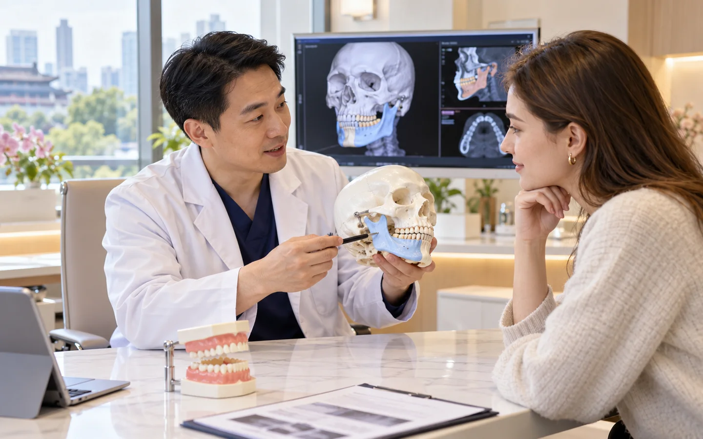 Chinese dental specialist explaining jaw bone and soft tissue reconstruction using a craniofacial model to a fully clothed international patient