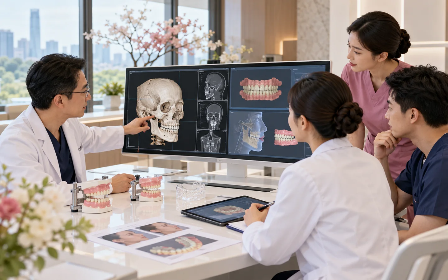 Chinese dental team reviewing 3D CT defect donor vessels dental position plates and flap design