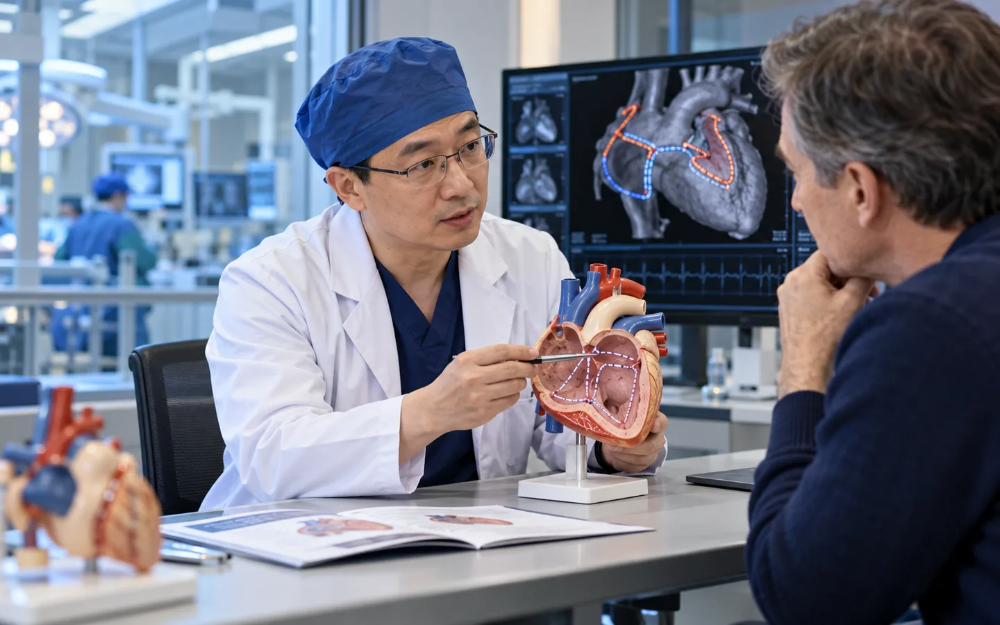 Chinese cardiac rhythm surgeon explaining a Maze procedure to an international patient