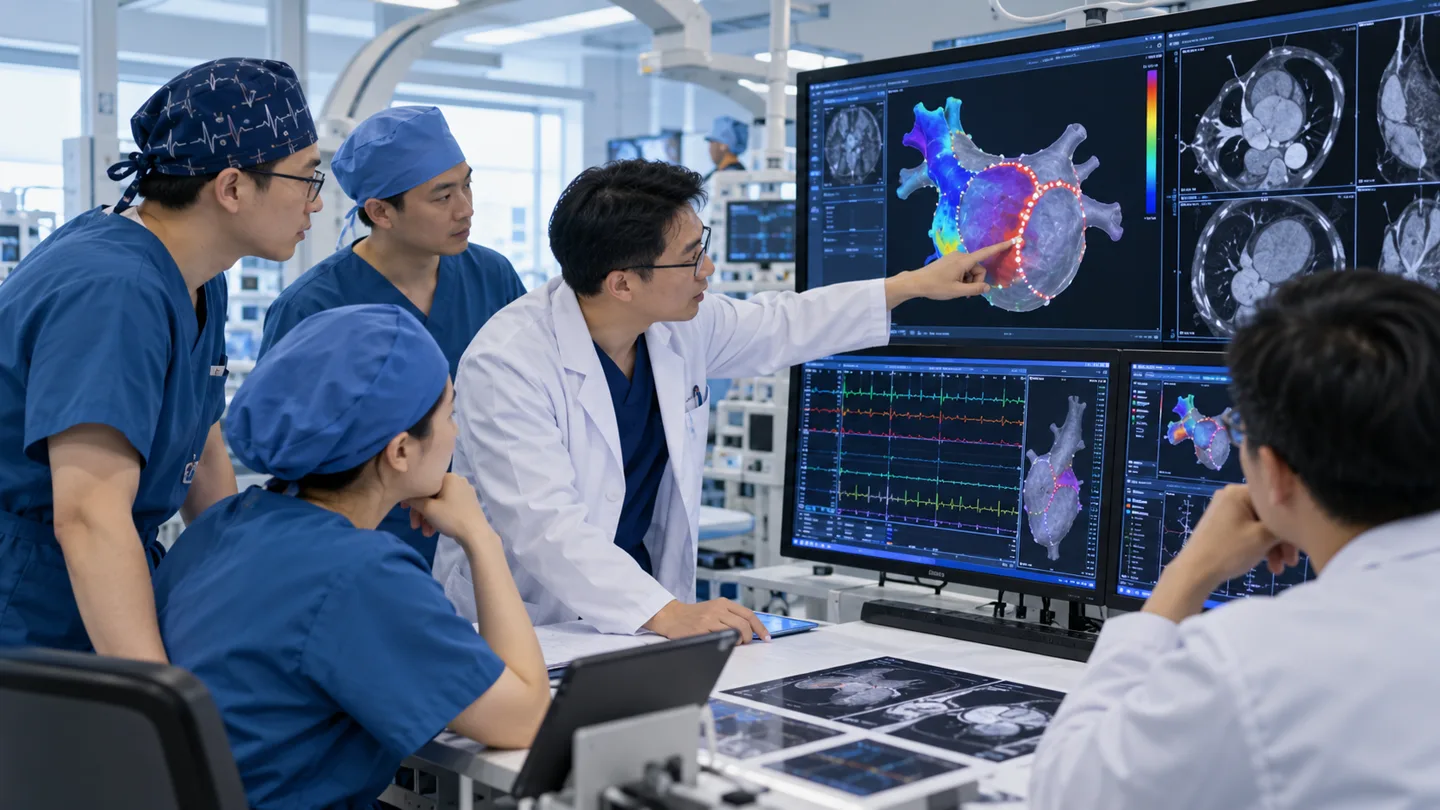 Chinese electrophysiology and cardiac surgery team mapping an atrial fibrillation lesion plan