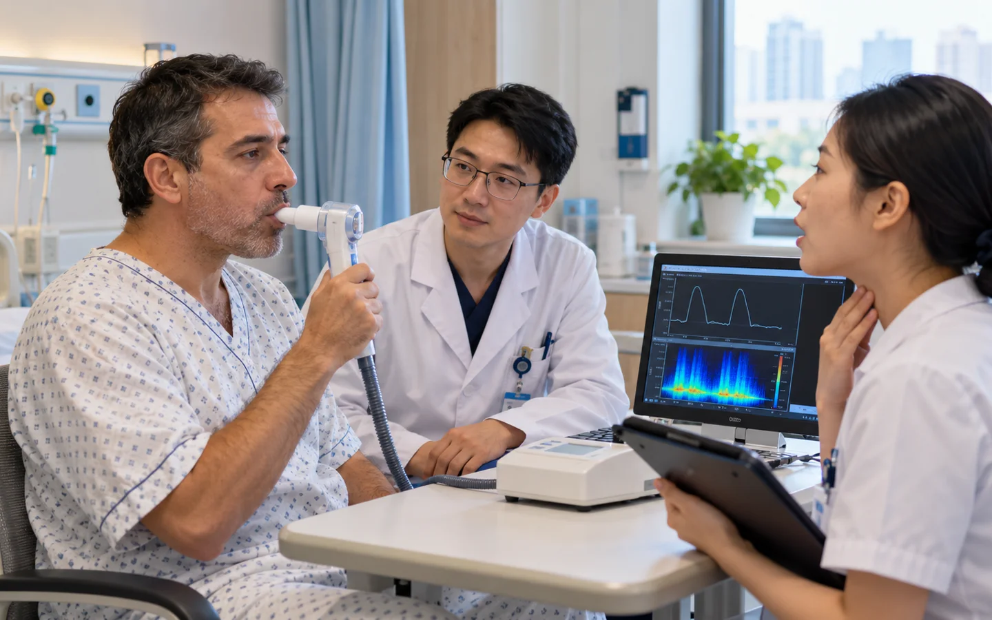 International patient completing breathing and voice assessment after mediastinal tumor surgery