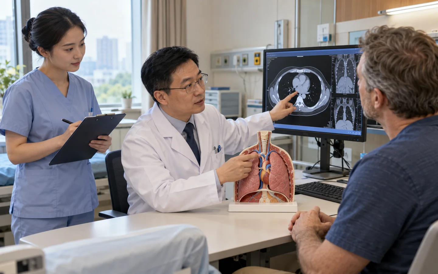Chinese thoracic surgeon explaining the mediastinum and tumor location to an international patient