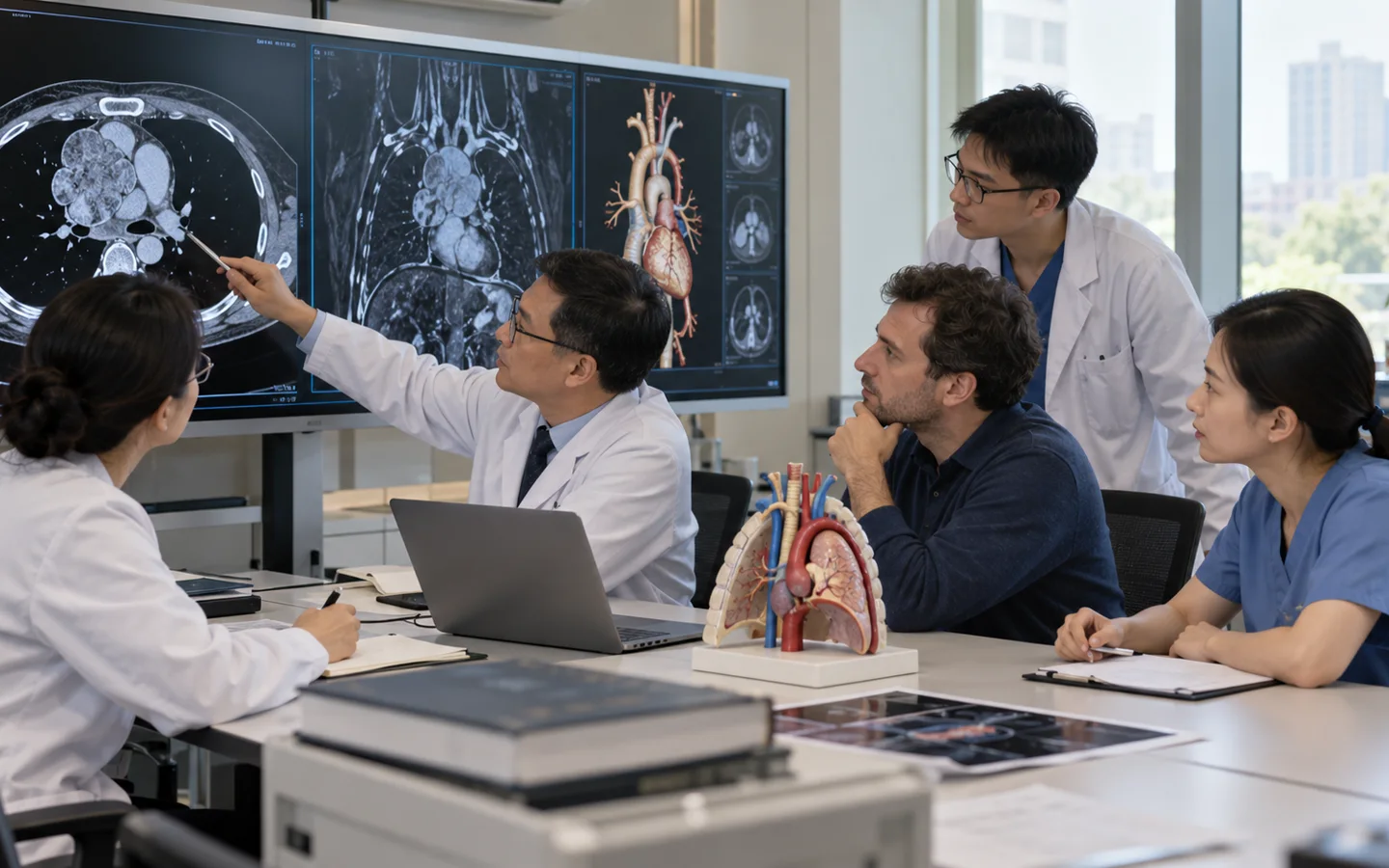 Chinese multidisciplinary team reviewing contrast CT MRI and major vessel relationships of a mediastinal mass