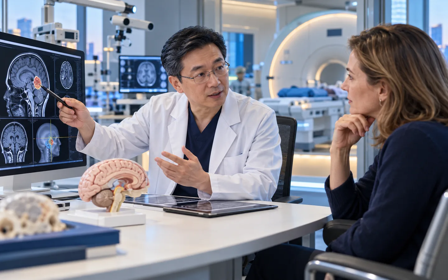 Chinese neurosurgeon explaining meningioma location and treatment options to an international patient