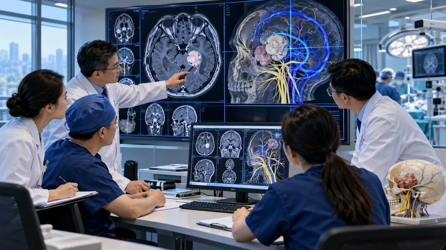 Chinese skull base team planning meningioma surgery from MRI venous and cranial nerve anatomy