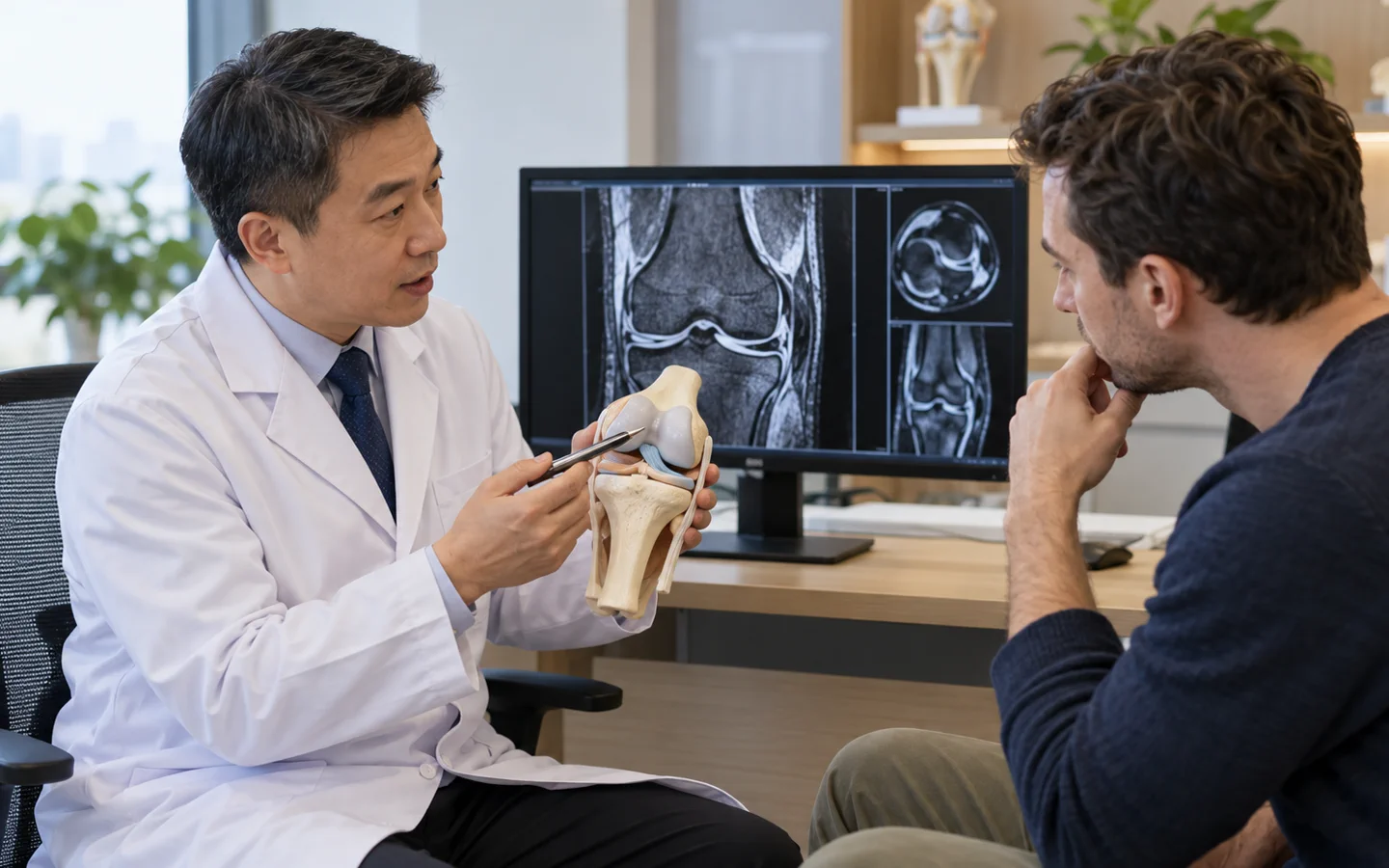 Chinese sports surgeon reviewing meniscus MRI with an international patient and knee model