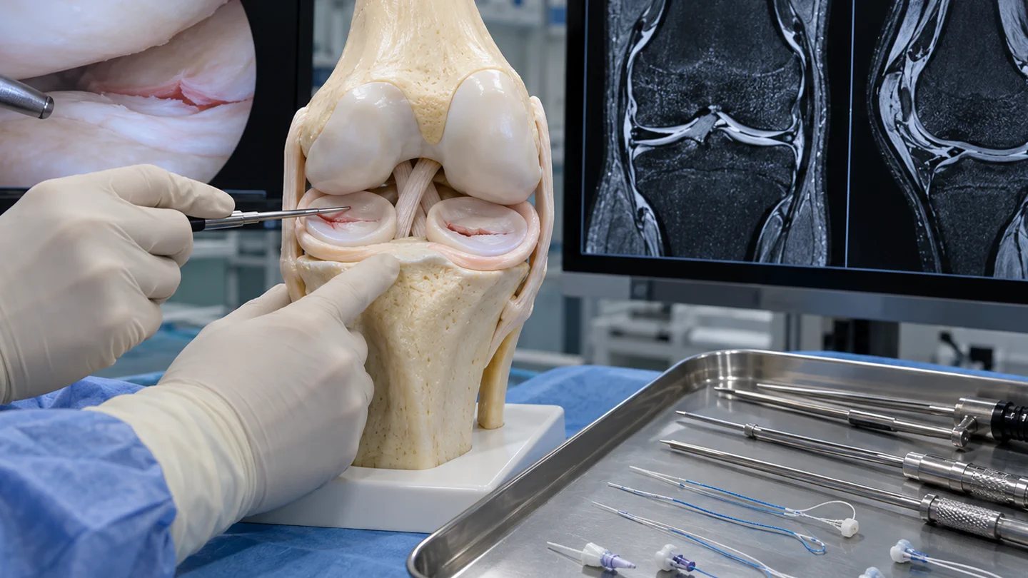 Knee model showing meniscus tear zones with arthroscopy tools and MRI used for repair planning