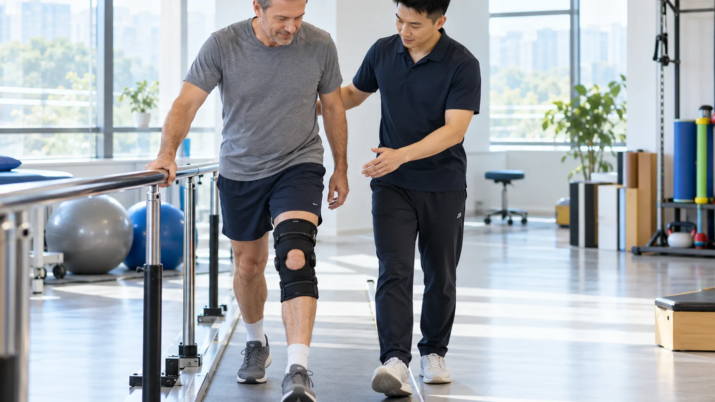 International patient performing balance and knee-control exercises with a Chinese physiotherapist after meniscus surgery