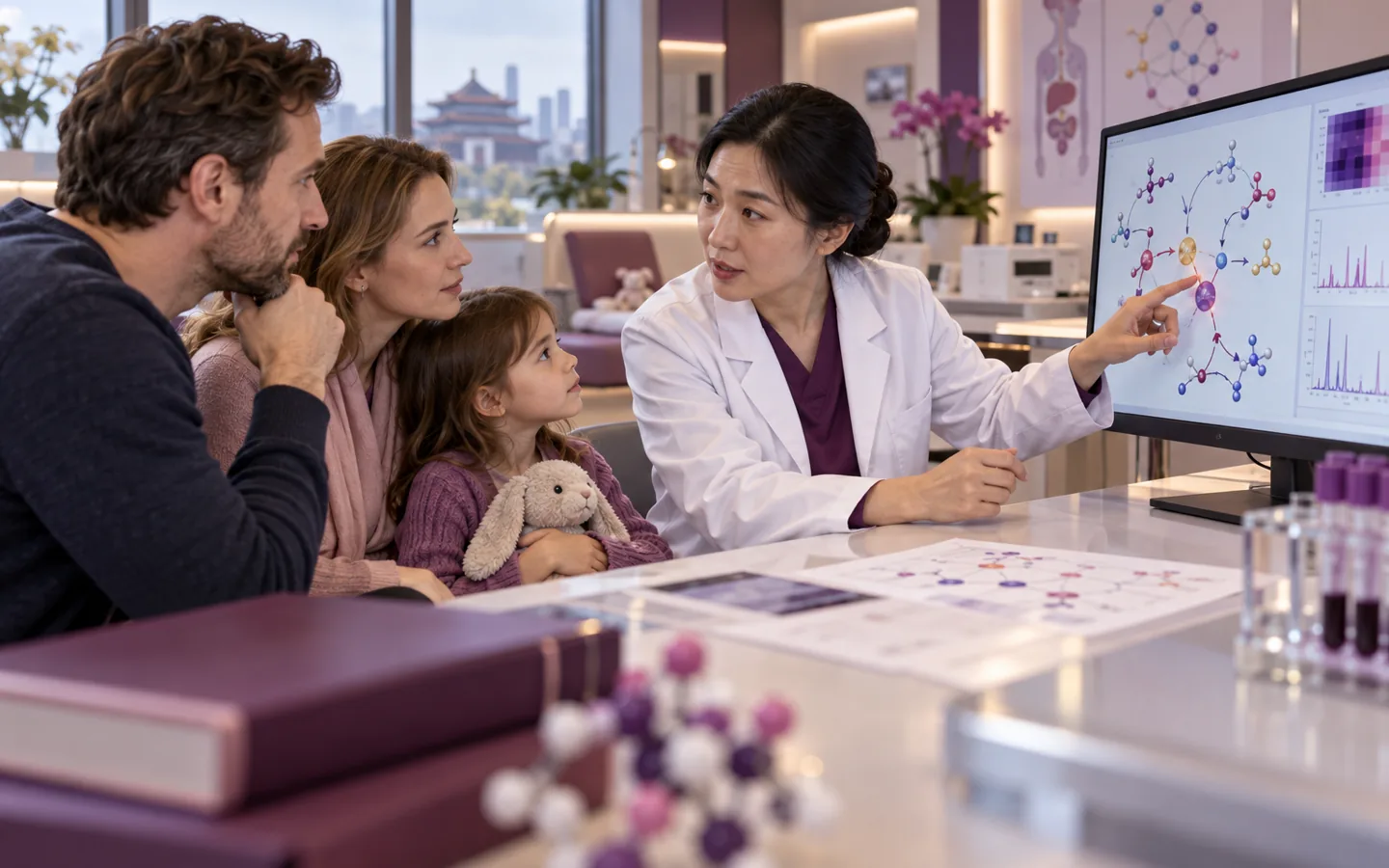 Chinese metabolic specialist explaining biochemical pathway testing to an international family