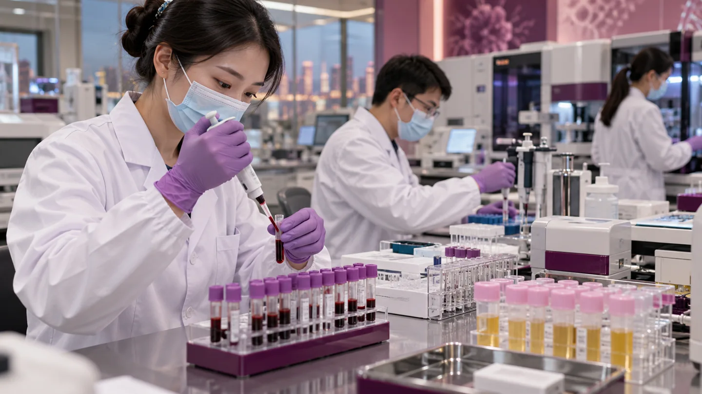 Chinese biochemical genetics laboratory processing blood and urine samples with strict handling